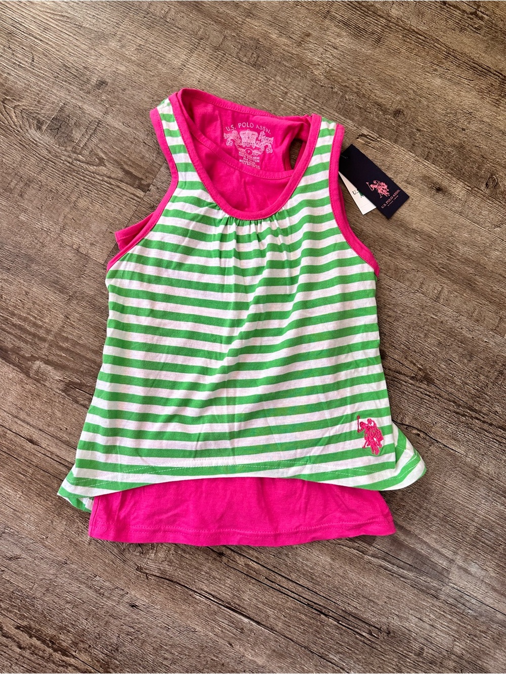 NWT U.S. Polo Assn. Girls Size 7 Green White Striped Layered Tank Top Set